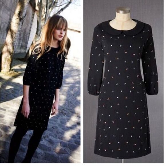 Boden Black Peter Pan Collar Leaf Print 3/4 Sleeve Shift Dress Size 2 Regular - Picture 12 of 12